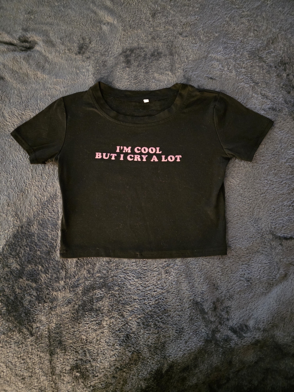 I'M COOL BUT I CRY ALOT Black Crop Top with Pink Slogan Women's Graphic Tee NWOT
